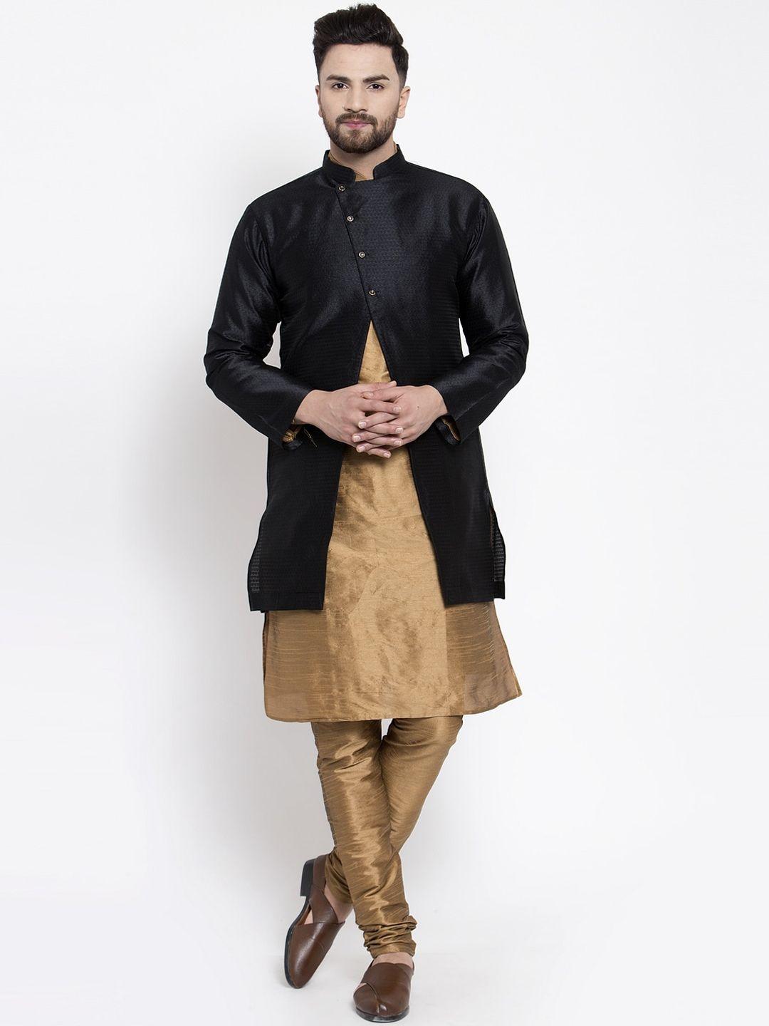 kaifoo men copper-toned & black layered kurta with churidar & jacket