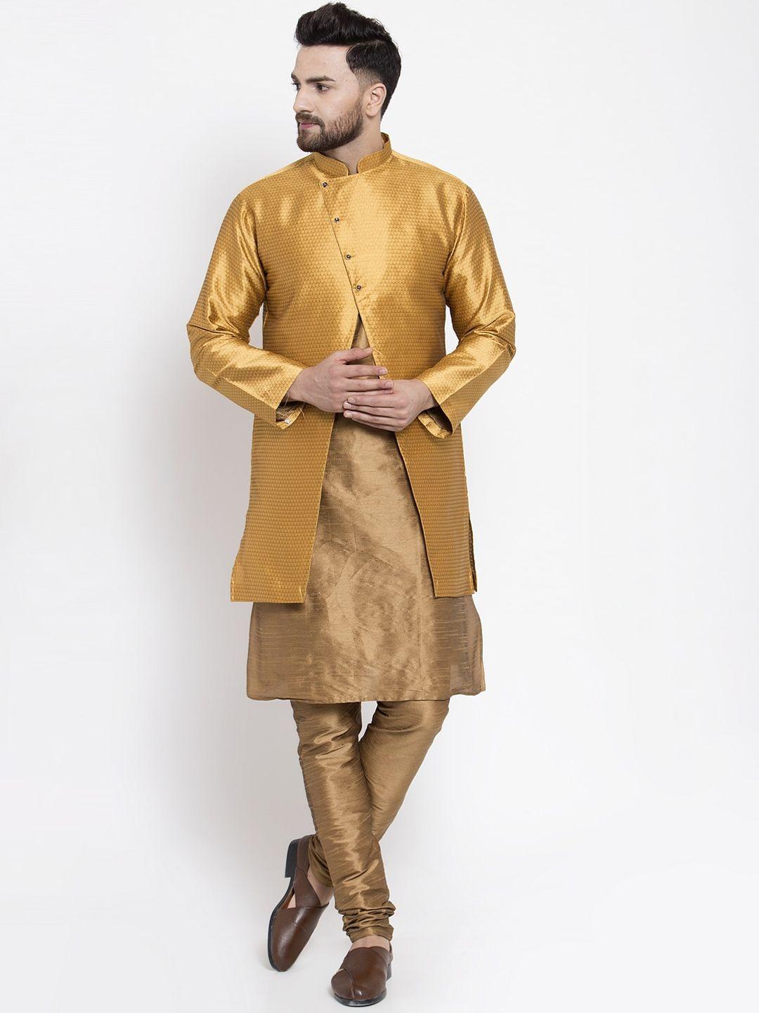 kaifoo men copper-toned kurta & churidar with jacket