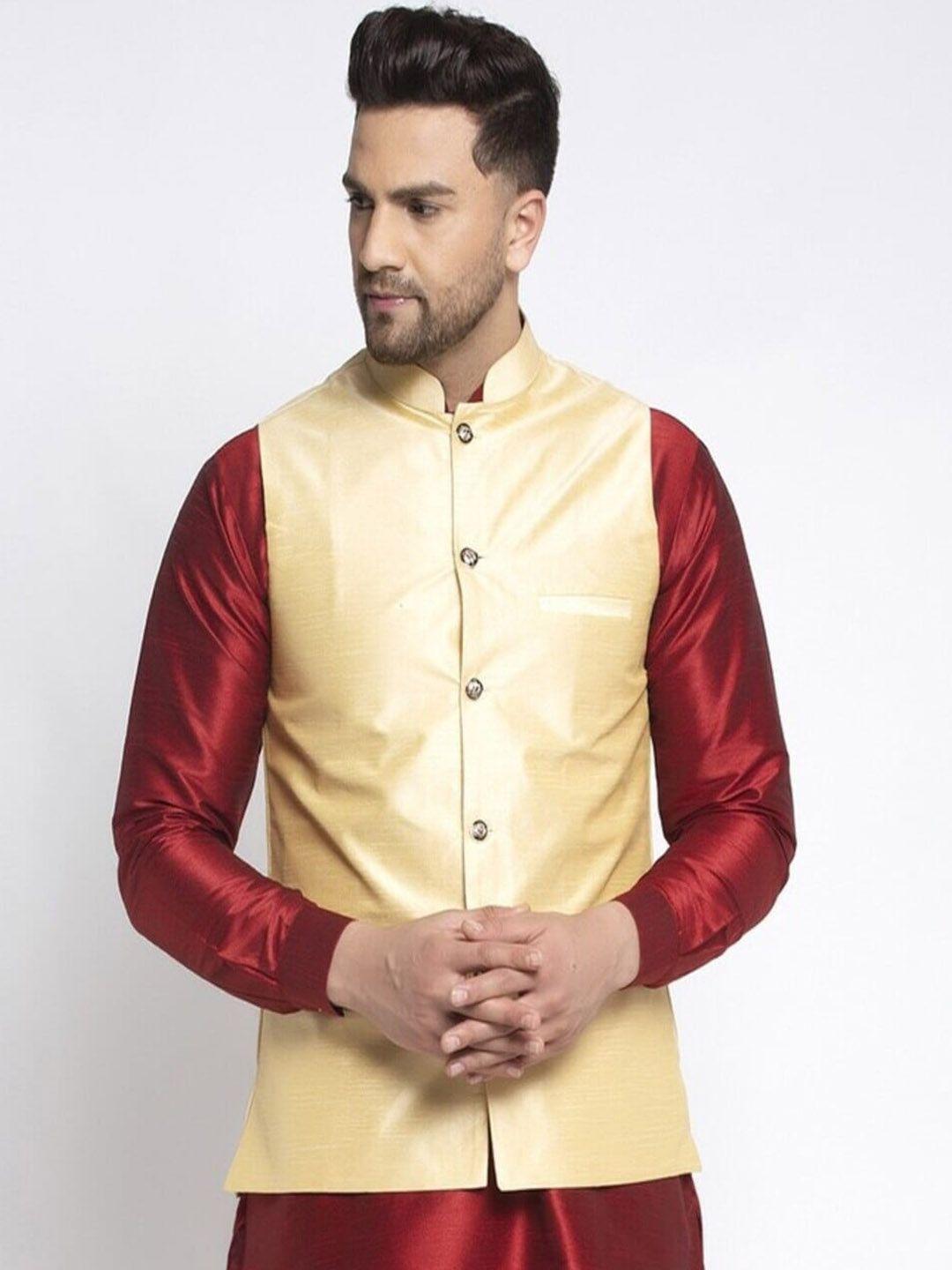 kaifoo men gold-coloured solid woven nehru jackets