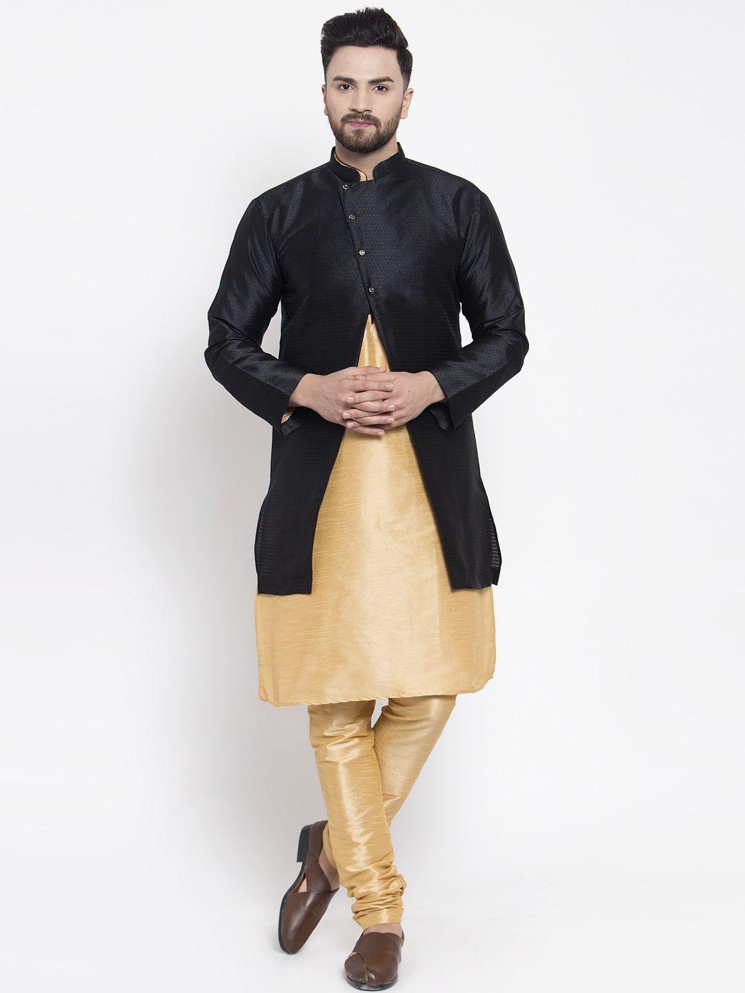 kaifoo men gold-toned layered kurta & churidar with jacket