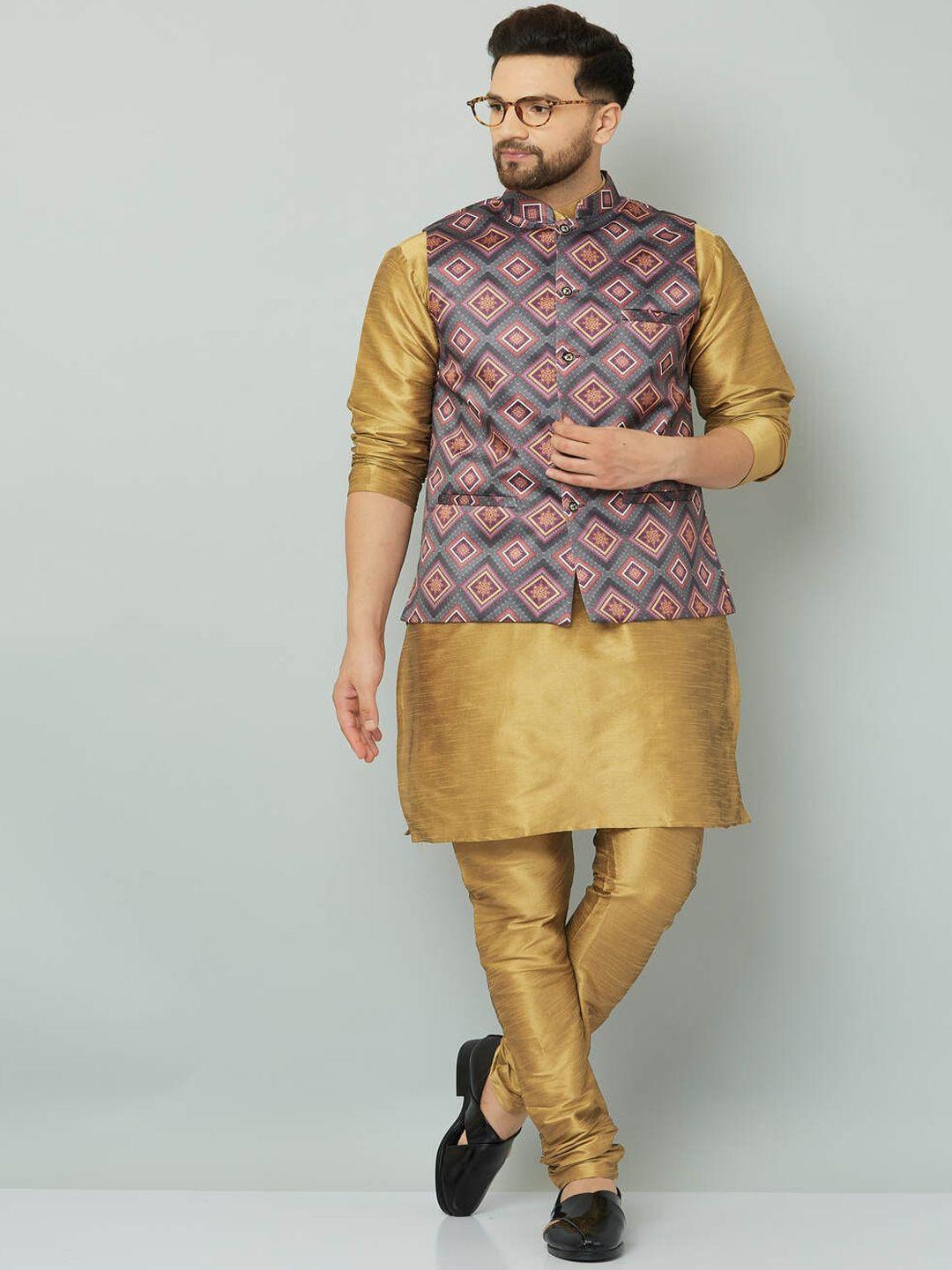 kaifoo men gold-toned printed kurta with churidar