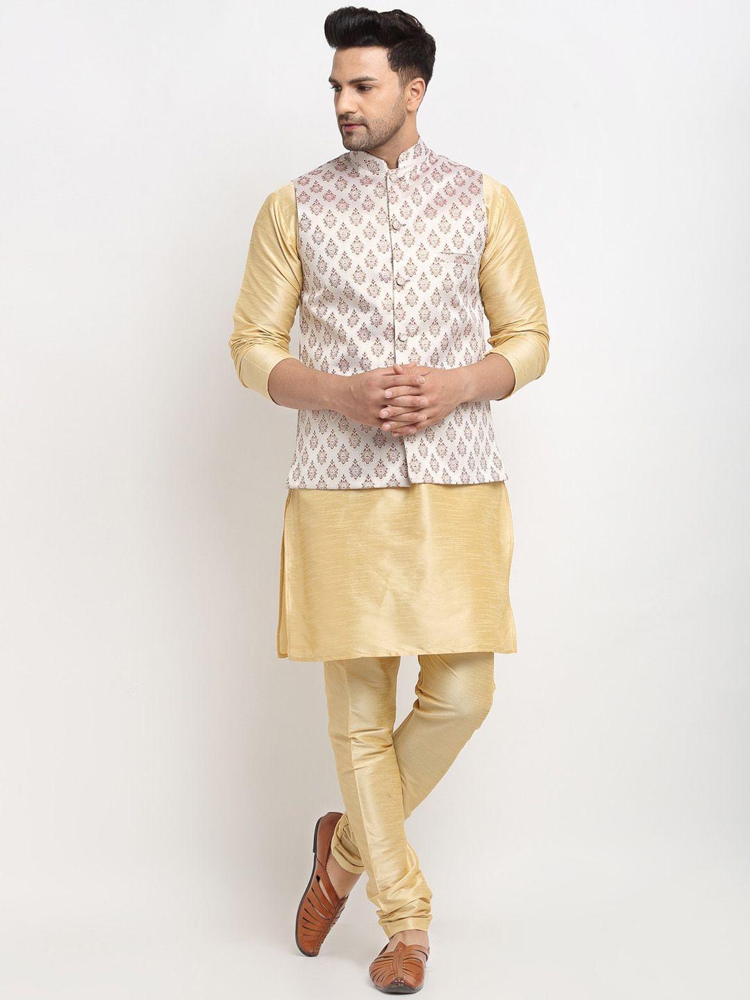 kaifoo men gold-toned solid kurta with churidar & nehru jacket