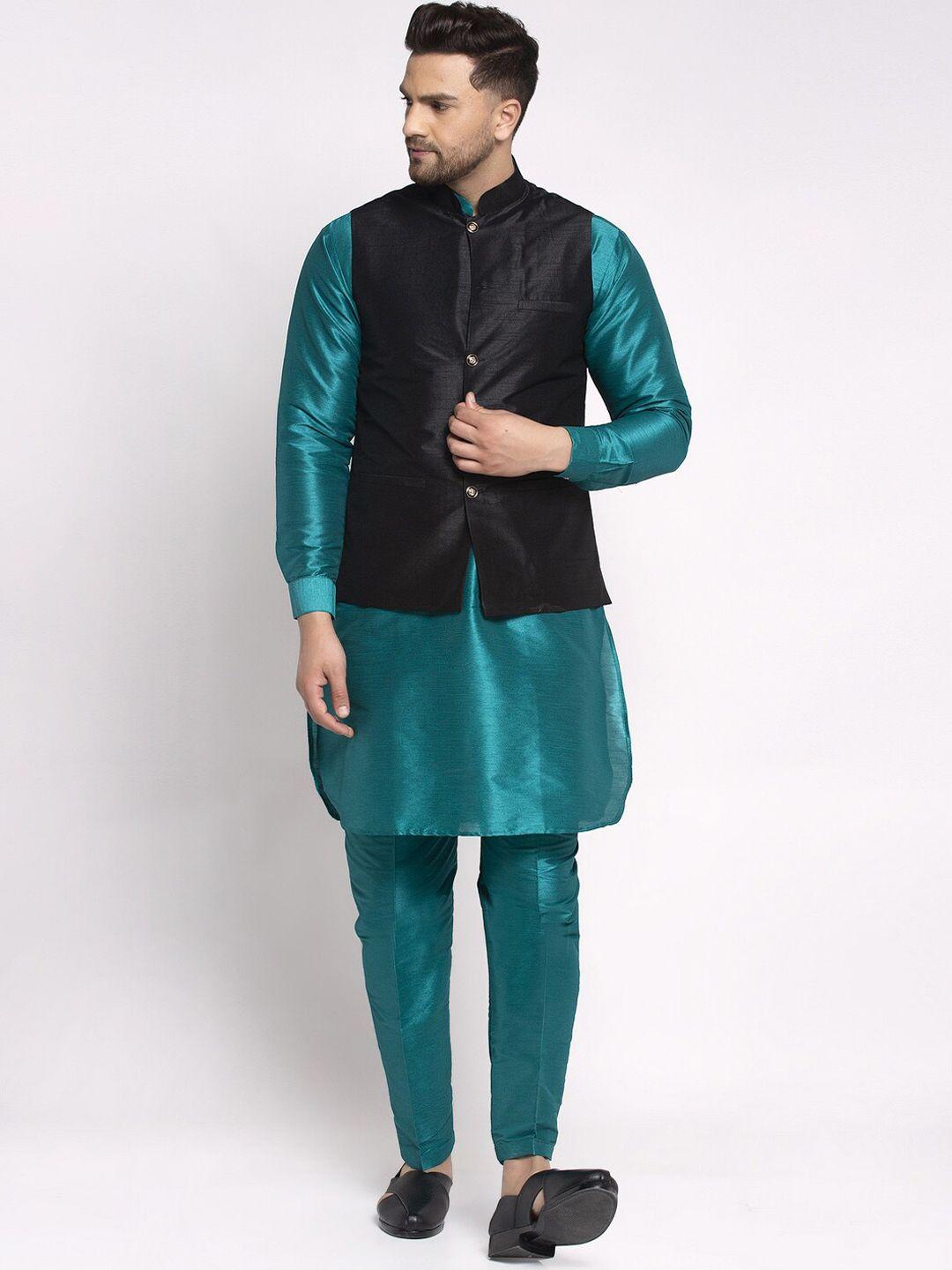 kaifoo men green & black solid kurta with salwar & nehru jacket