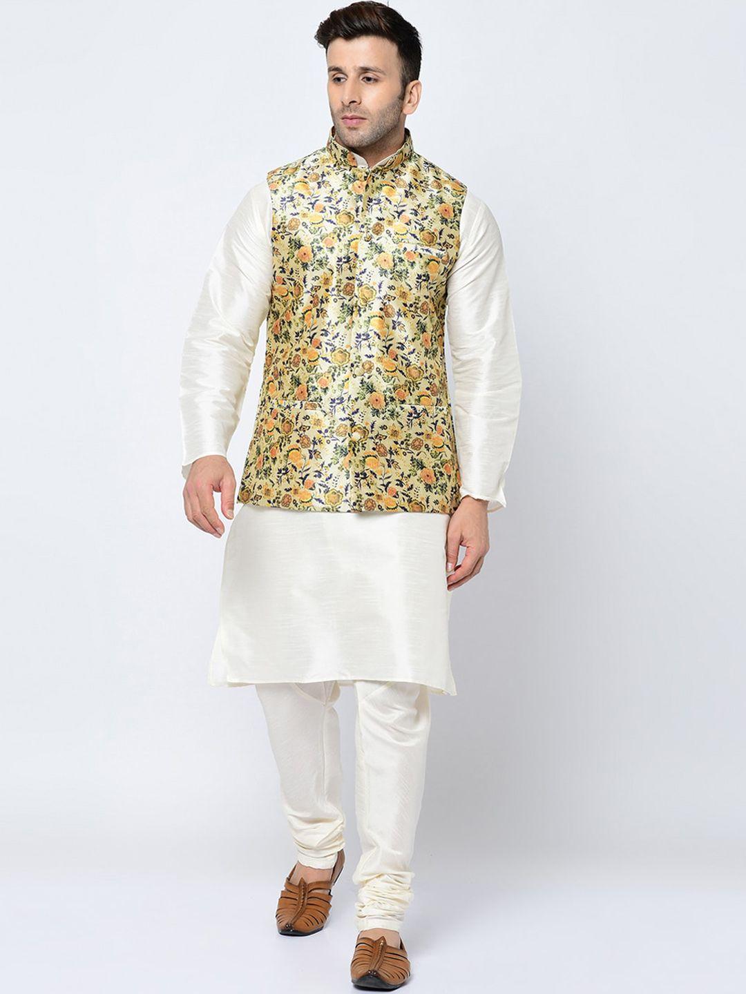 kaifoo men green kurta with churidar & nehru jacket