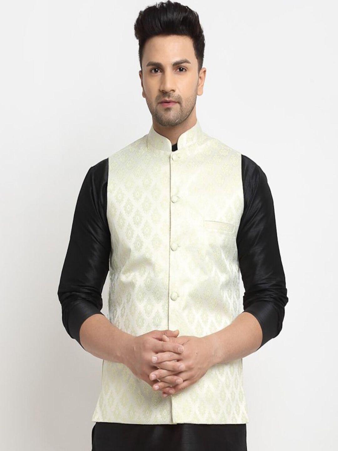 kaifoo men green woven design nehru jacket