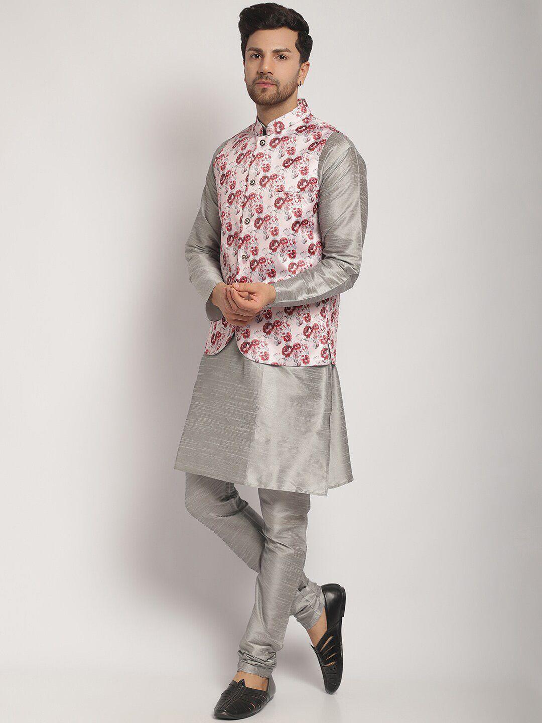 kaifoo men grey floral regular kurta with churidar