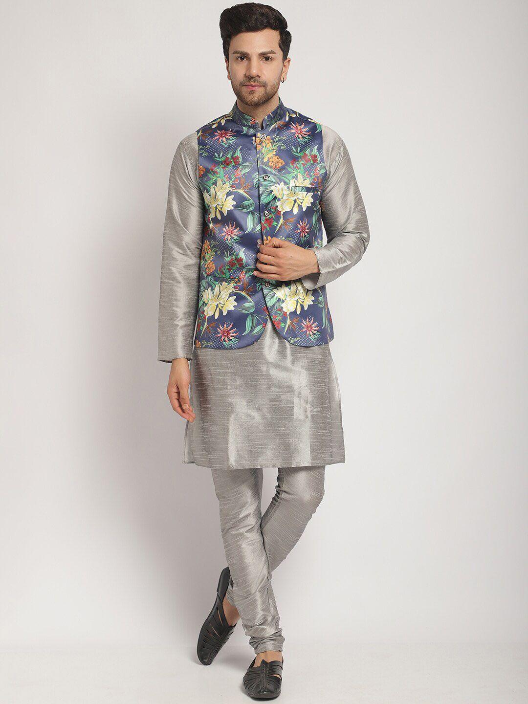 kaifoo men grey floral regular kurta with churidar