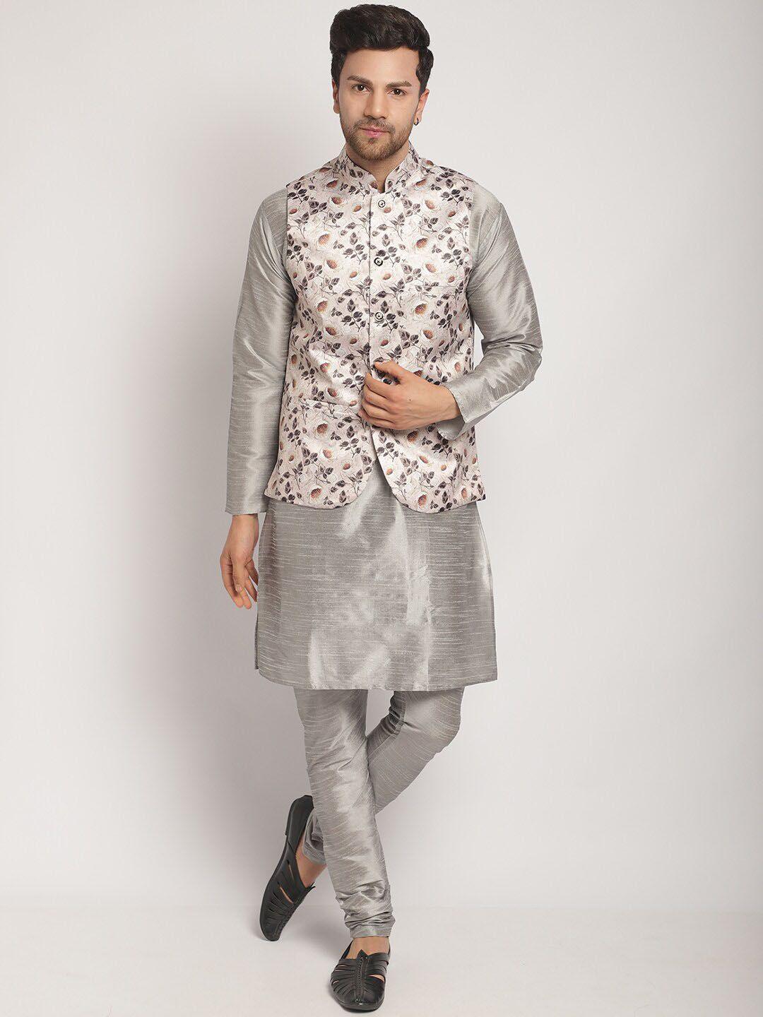 kaifoo men grey floral regular kurta with churidar