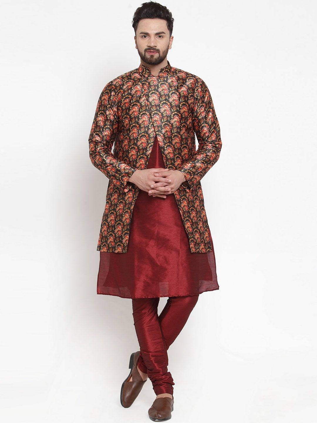 kaifoo men maroon ethnic motifs printed kurta with churidar & jacket