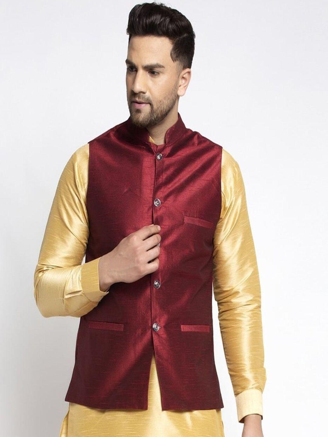 kaifoo men maroon solid woven nehru jackets