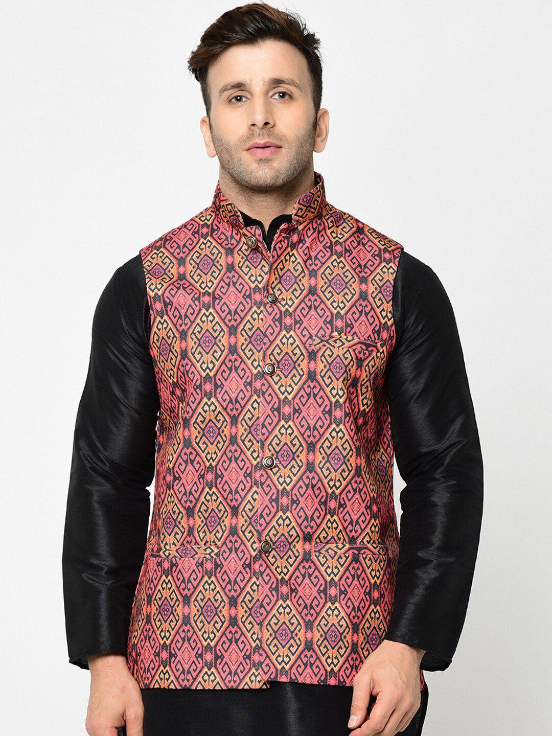 kaifoo men multi color regular-fit printed nehru jacket