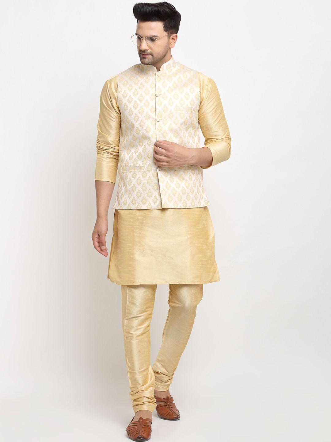 kaifoo men multicoloured floral kurta with churidar & nehru jacket