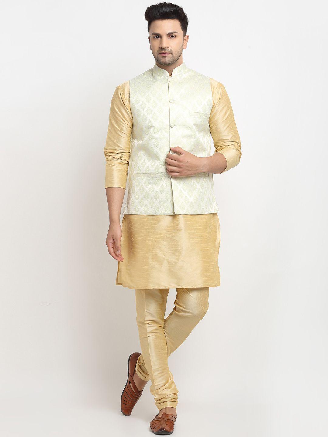 kaifoo men multicoloured layered kurta with churidar & nehru jacket