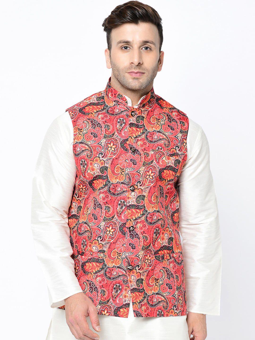 kaifoo men multicoloured printed woven nehru jacket