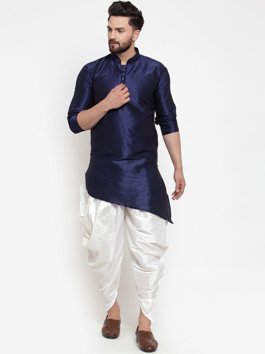 kaifoo men navy blue dupion silk kurta with dhoti pants