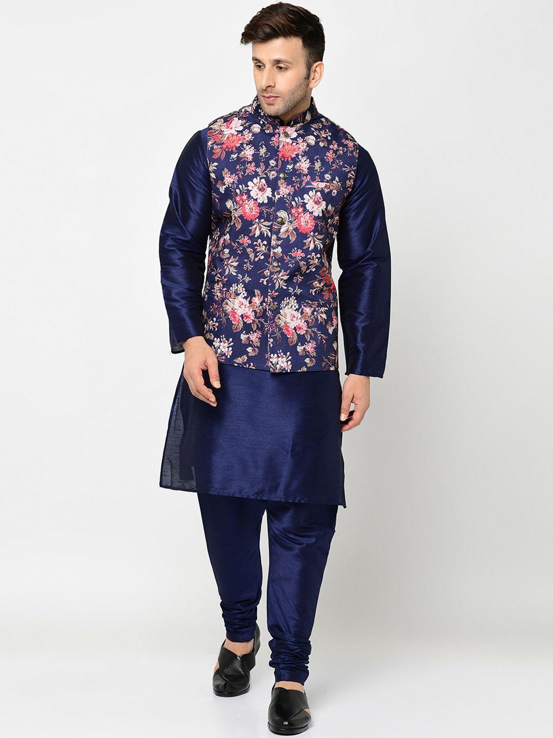 kaifoo men navy blue floral kurta with churidar & nehru jacket