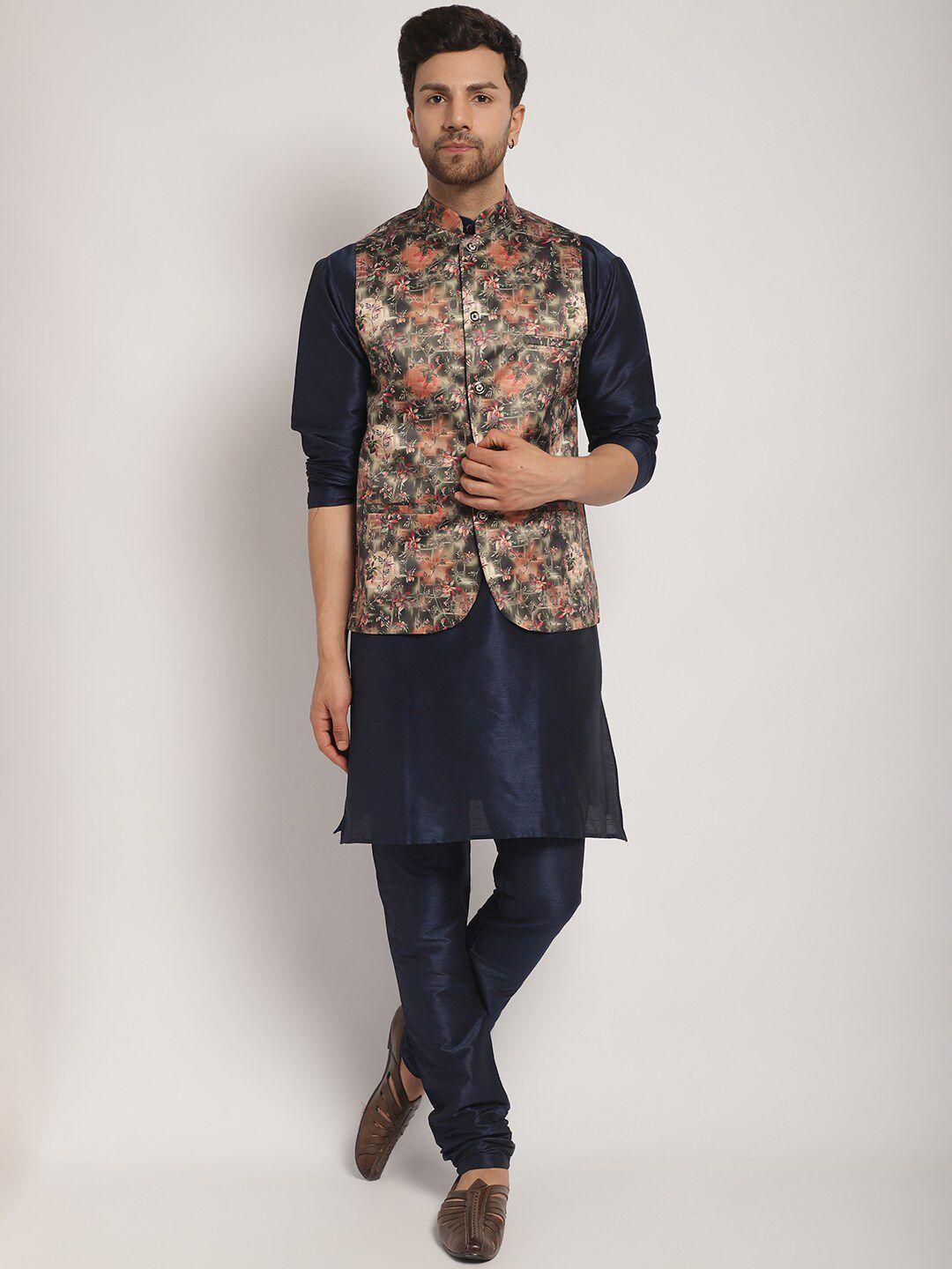 kaifoo men navy blue floral regular kurta with churidar