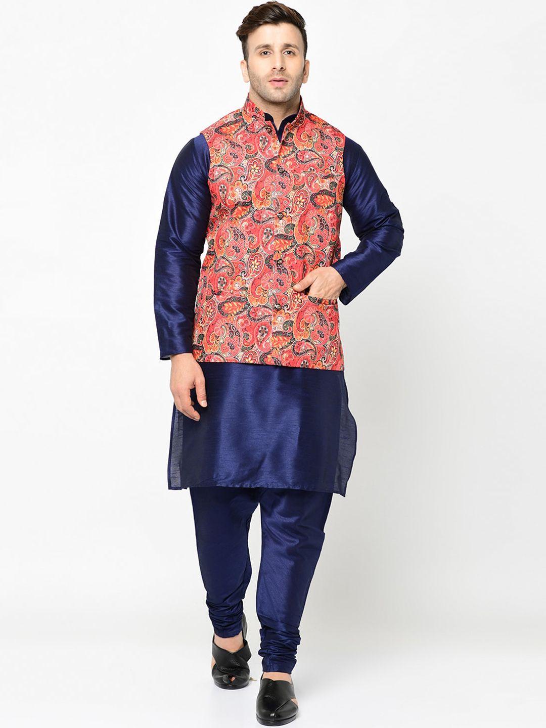 kaifoo men navy blue kurta with churidar & nehru jacket