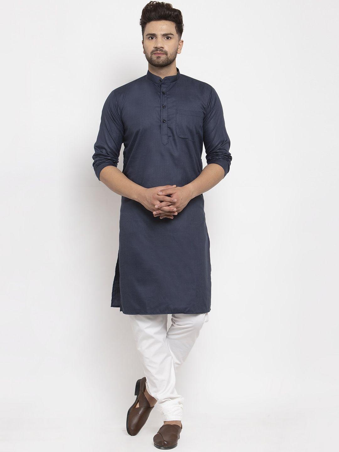 kaifoo men navy blue solid mandarin neck straight kurta with churidar