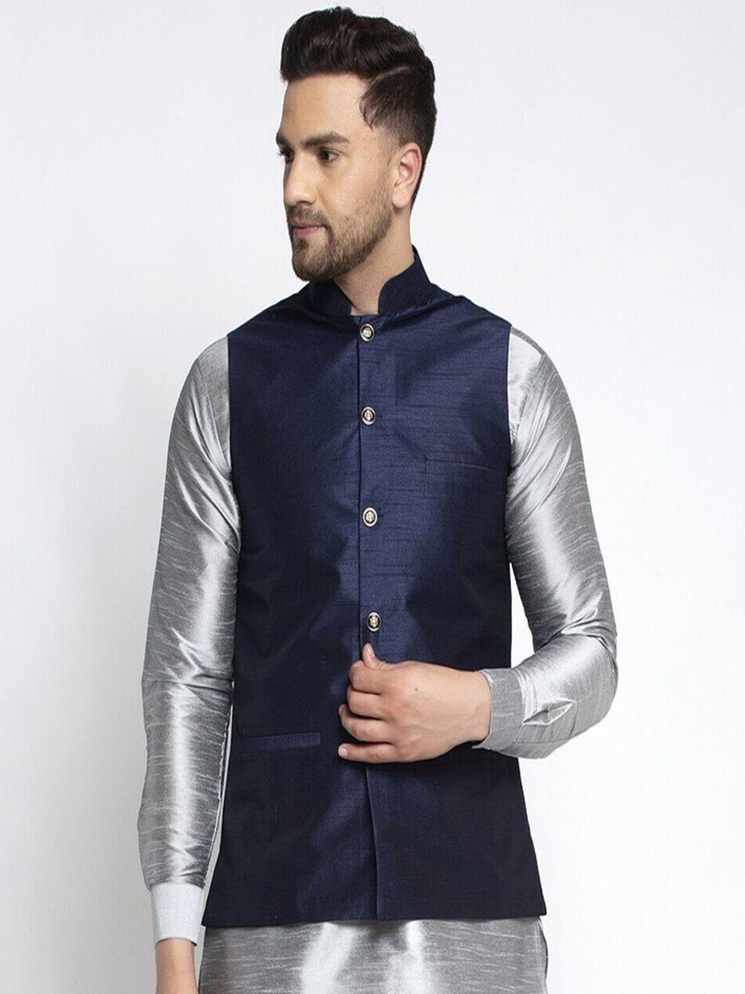 kaifoo men navy blue solid silk nehru jackets