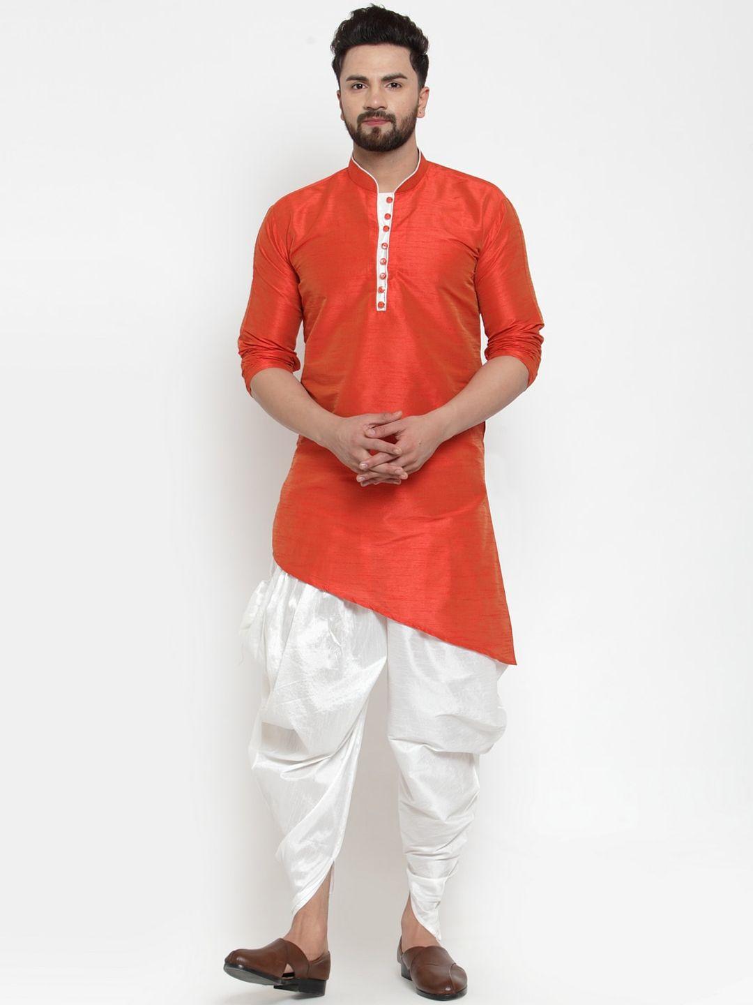 kaifoo men orange dupion silk kurta with dhoti pants