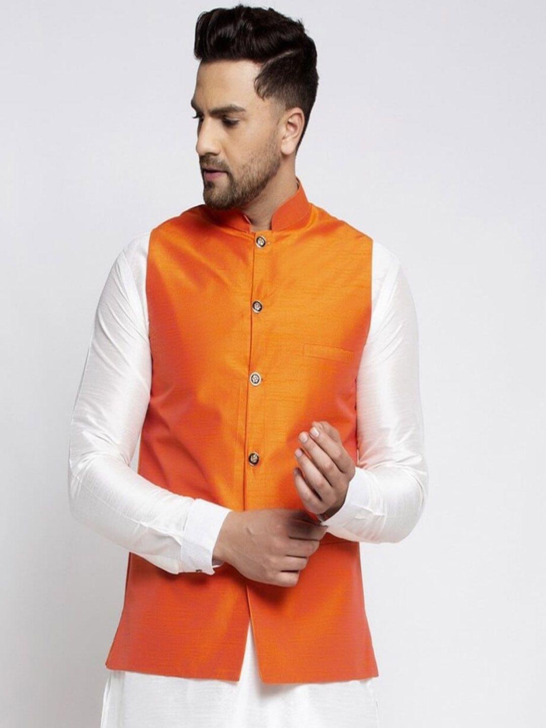 kaifoo men orange solid bandhgala nehru jacket