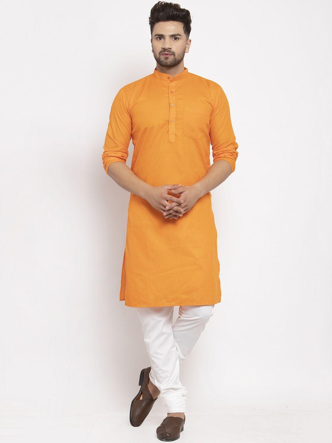 kaifoo men orange solid mandarin neck straight kurta with churidar