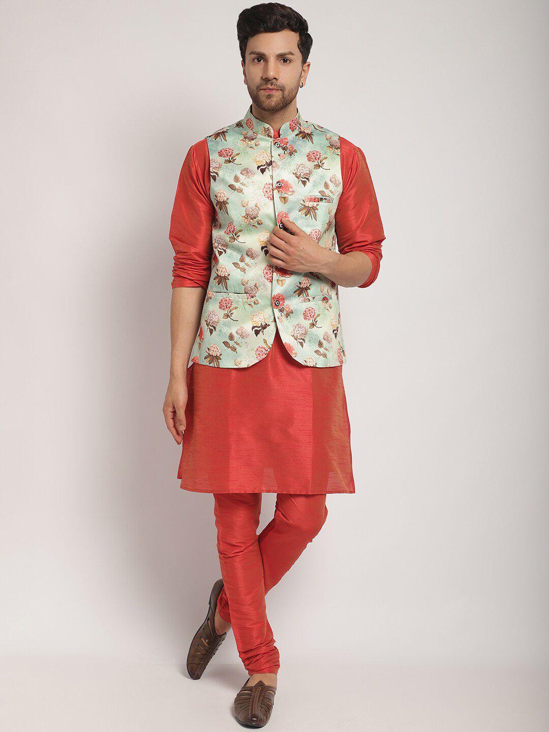 kaifoo men red floral regular kurta with churidar