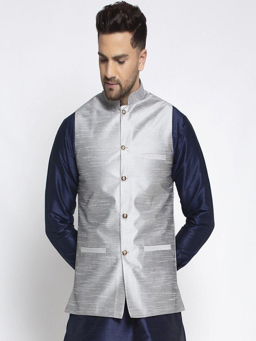 kaifoo men silver-colored solid woven nehru jacket