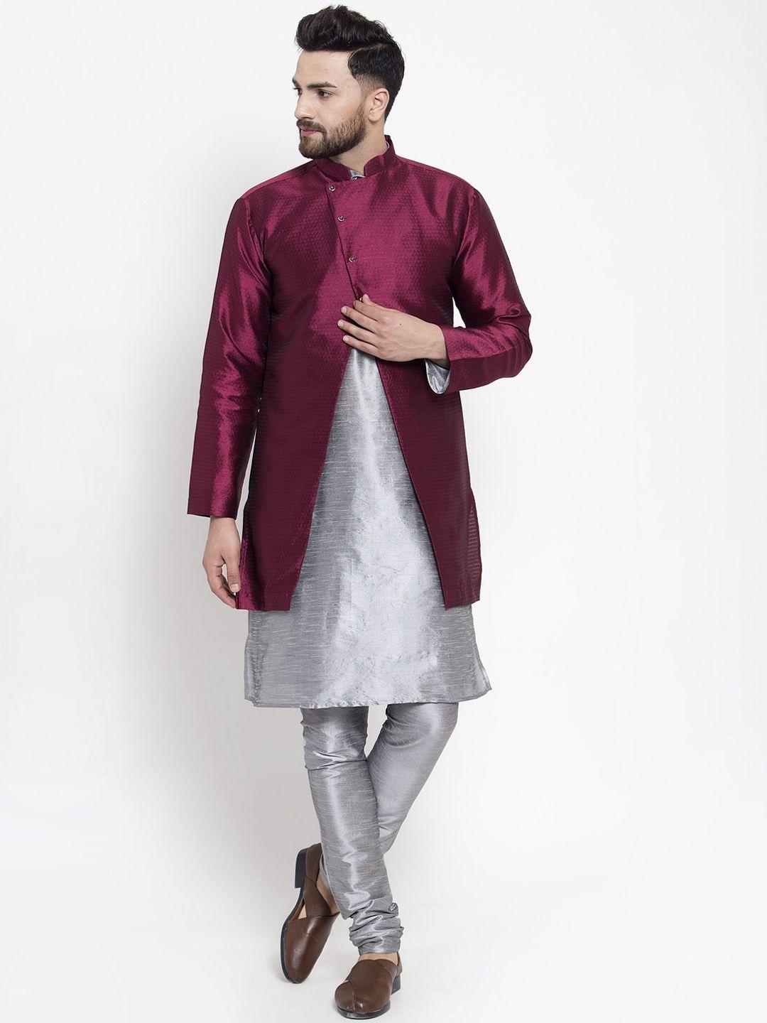 kaifoo men silver-toned layered kurta with churidar & with jacket