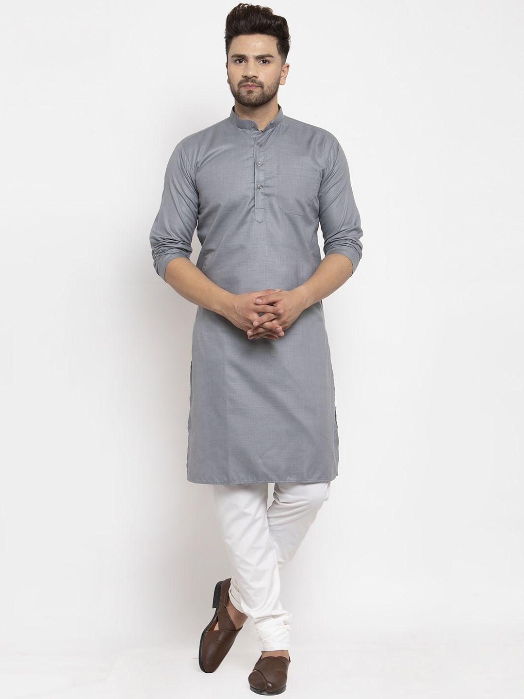 kaifoo men silver-toned solid mandarin neck straight kurta with pyjamas