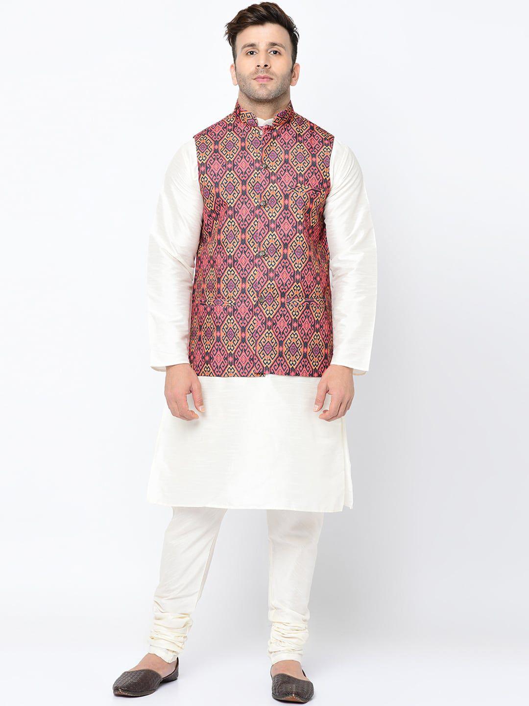 kaifoo men white paisley kurta with churidar & nehru jacket