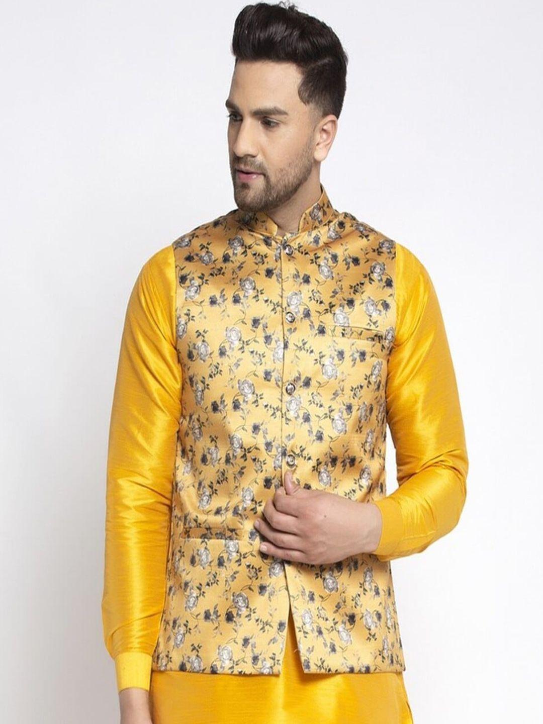 kaifoo men yellow & grey floral printed woven design nehru jacket