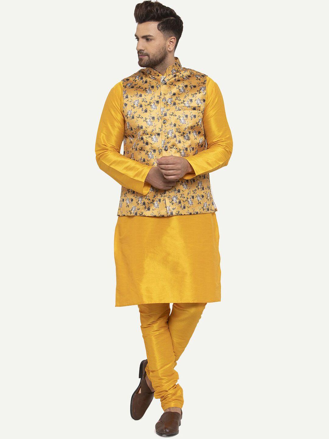 kaifoo men yellow solid kurta with churidar with printed nehru jacket