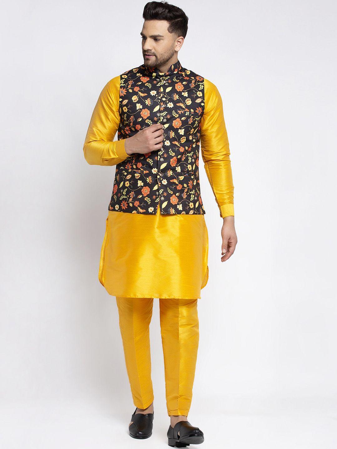 kaifoo men yellow solid kurti with churidar and printed nehru jacket