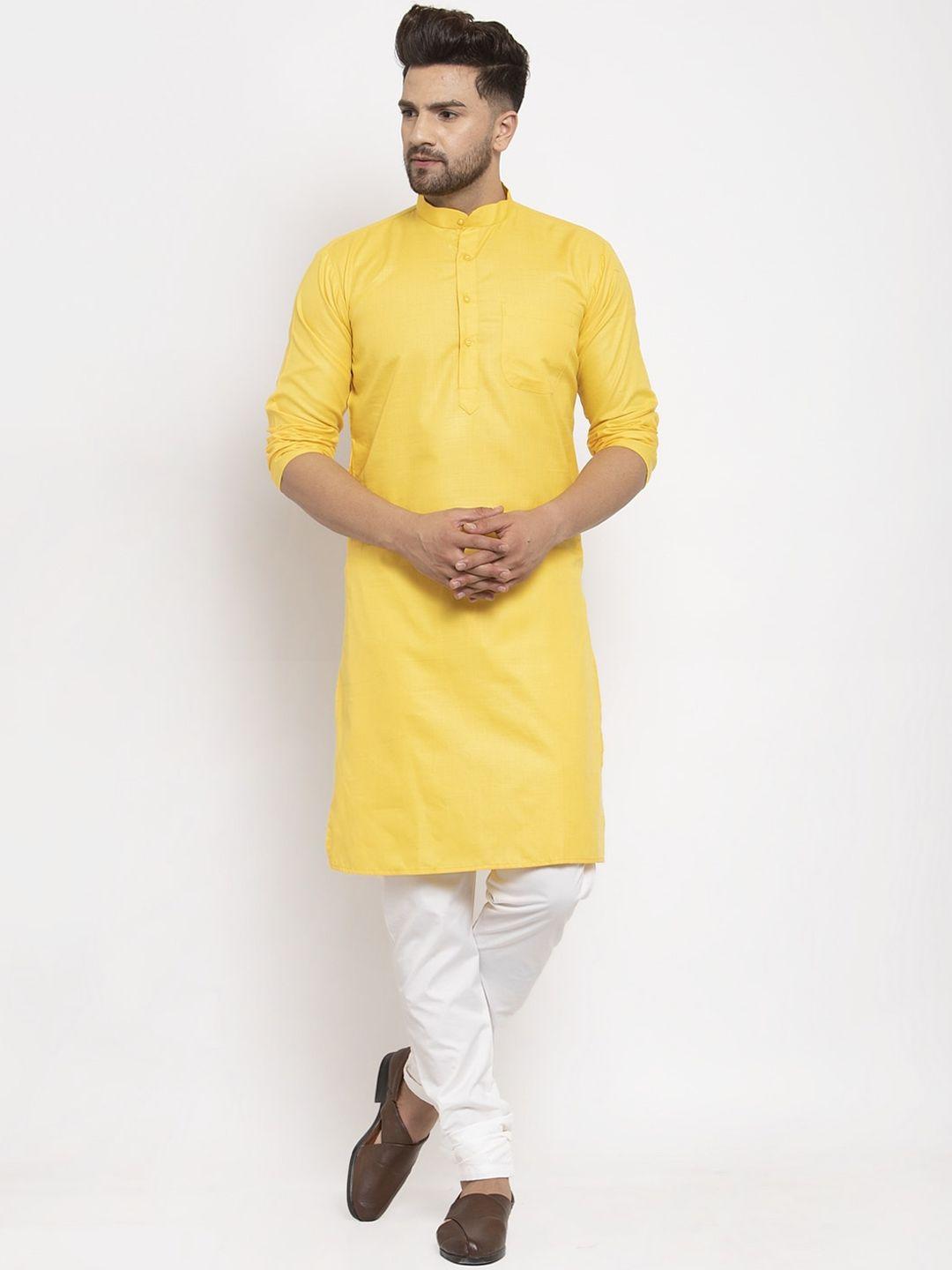 kaifoo men yellow solid mandarin neck straight kurta with churidar