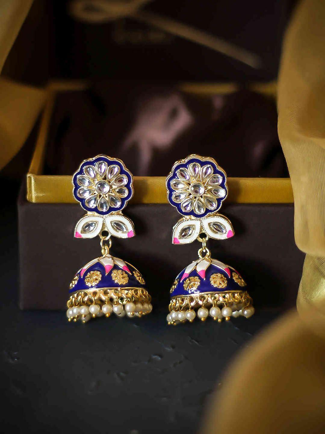 kairi women blue floral meenakari jhumka earrings