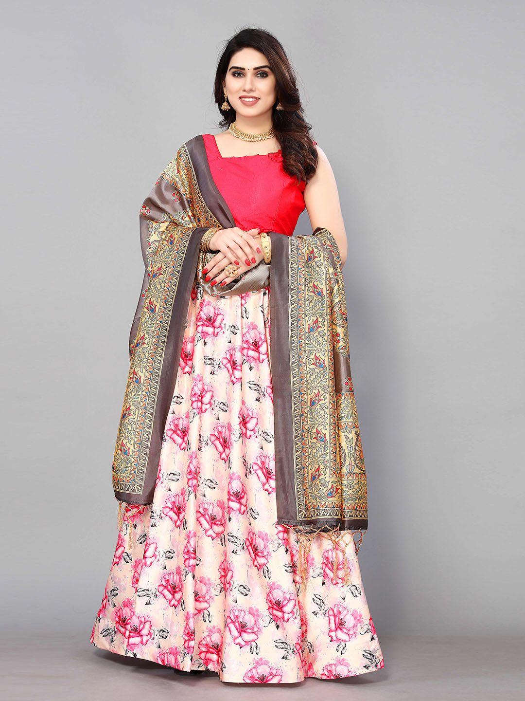 kaizen texo fab pink & grey printed semi-stitched lehenga & unstitched blouse with dupatta