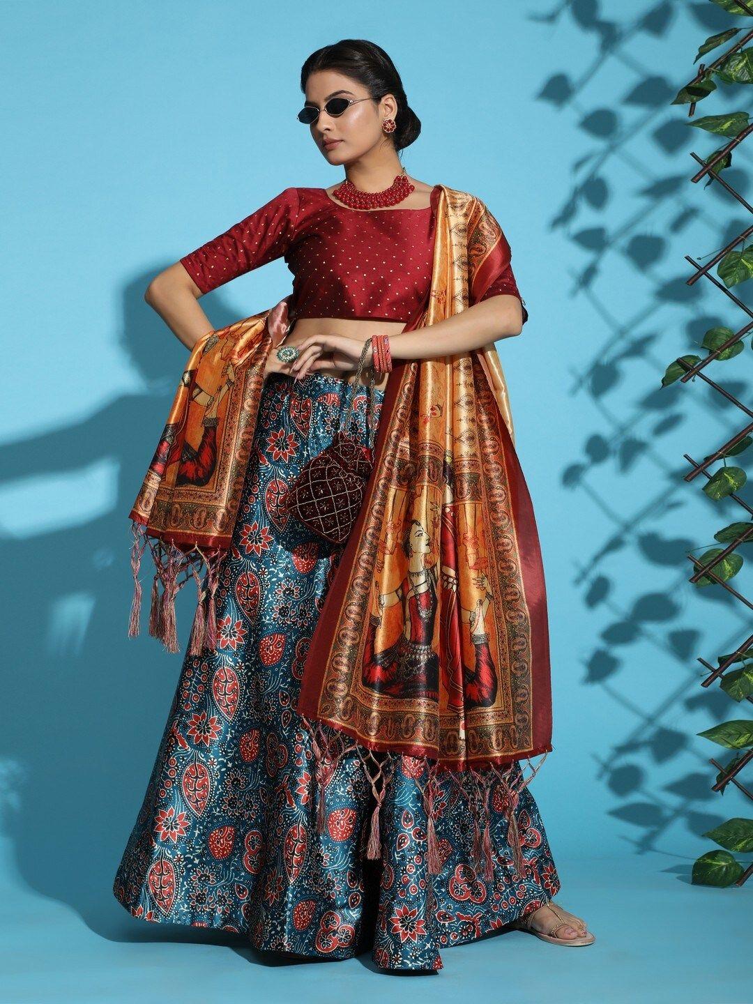 kaizen texo fab teal & maroon printed block print semi-stitched lehenga & blouse with dupatta