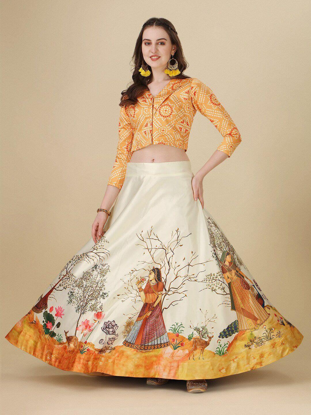 kaizen texo fab yellow & cream-coloured printed semi-stitched lehenga & blouse with dupatta