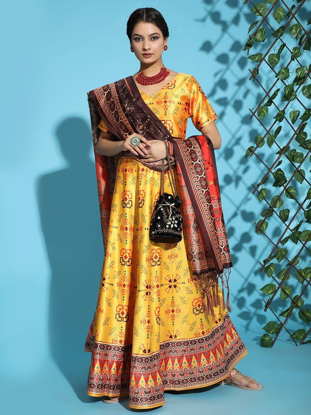 kaizen texo fab yellow & orange printed semi-stitched lehenga & blouse with dupatta