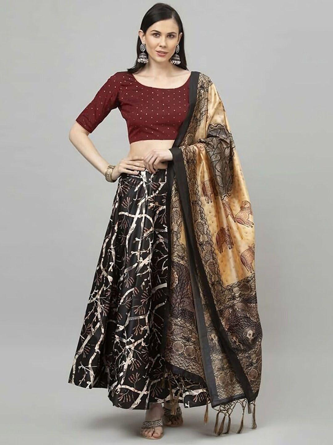 kaizen texo fab black & cream-coloured printed semi-stitched lehenga choli