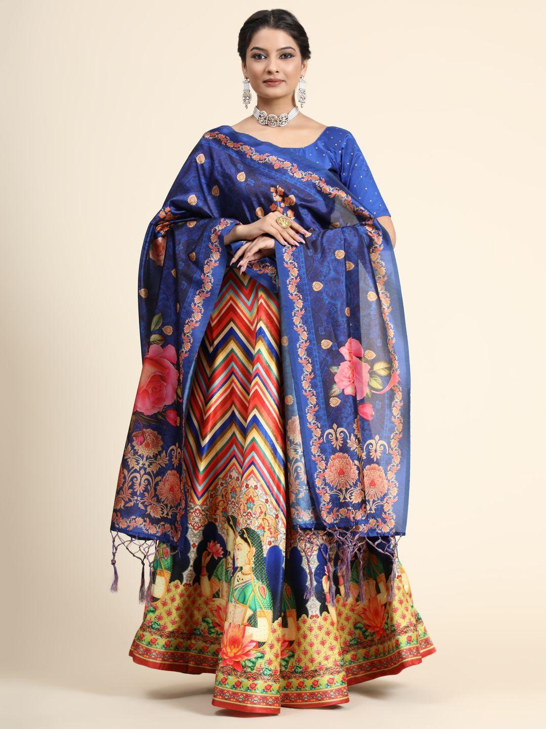 kaizen texo fab blue & red printed semi-stitched lehenga & blouse with dupatta