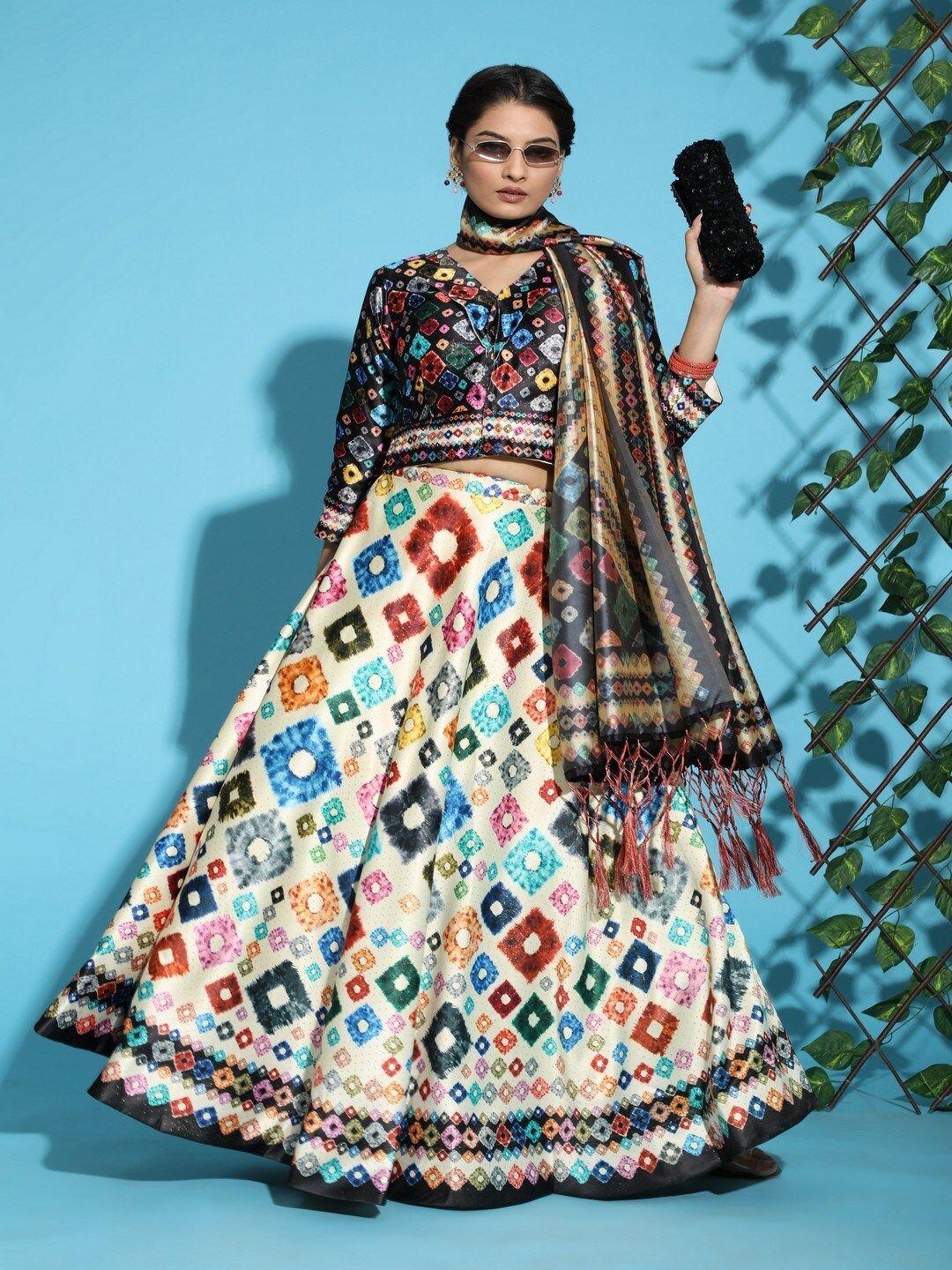 kaizen texo fab cream-coloured & black printed semi-stitched lehenga & blouse with dupatta