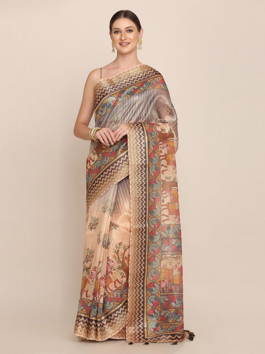 kaizen texo fab floral motifs printed zari linen saree