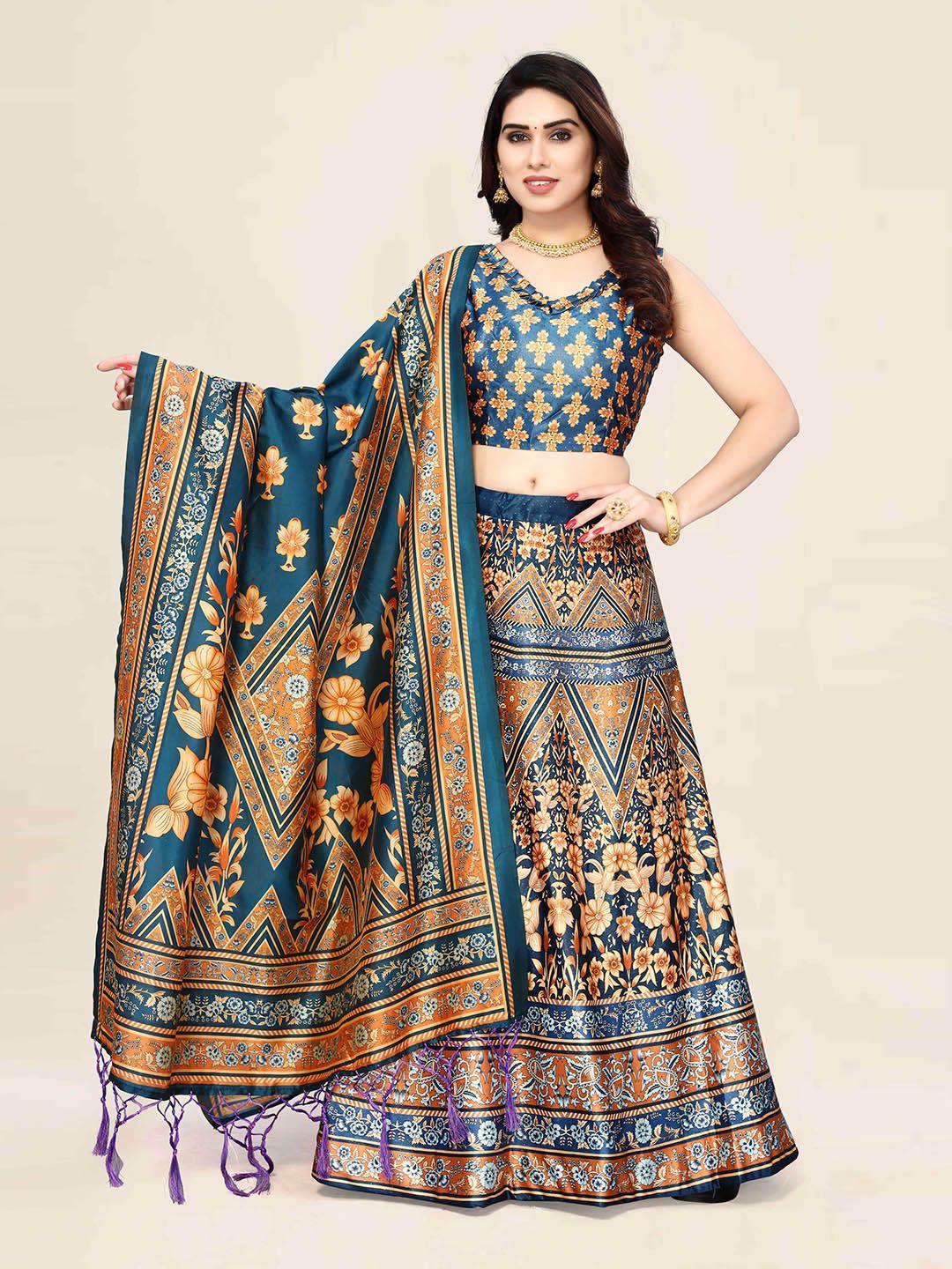 kaizen texo fab navy blue & orange printed semi-stitched lehenga & unstitched blouse with dupatta