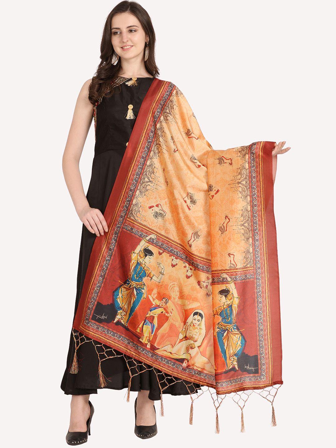 kaizen texo fab orange & blue ethnic motifs printed dupatta