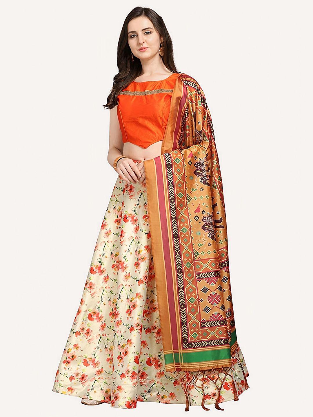 kaizen texo fab orange & cream-coloured printed semi-stitched lehenga & unstitched blouse with dupatta