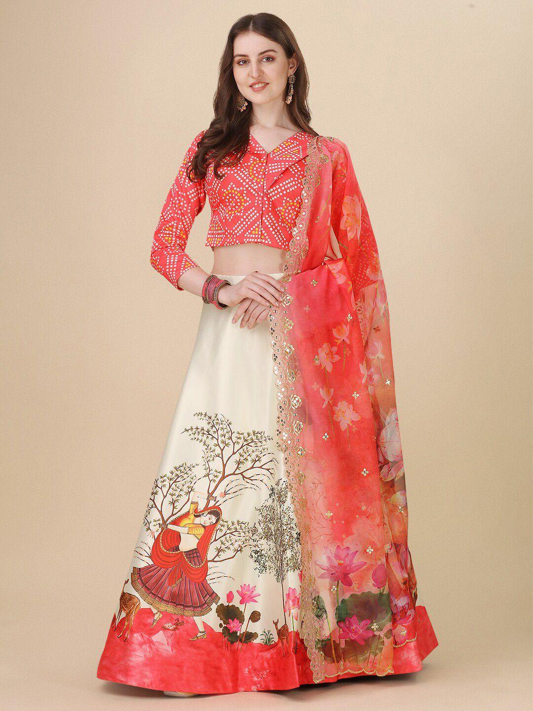 kaizen texo fab red & white printed semi-stitched lehenga & blouse with dupatta