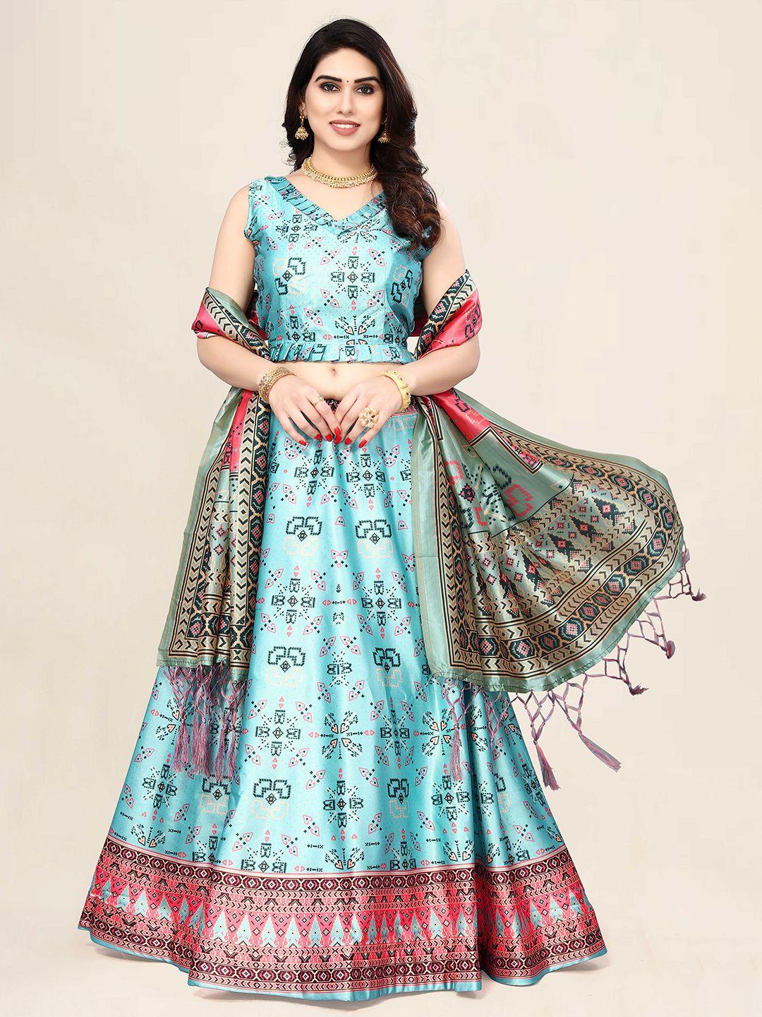 kaizen texo fab sea green & pink printed semi-stitched lehenga & unstitched blouse with dupatta